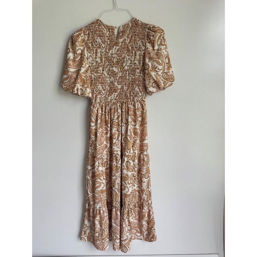 WAYF Paisley Smocked Puff Sleeve Tiered Midi Dress Boho Cottagecore Tan XS